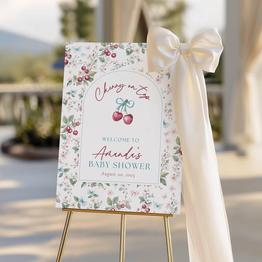 Custom Cherry On Top Baby Shower Sign Coquette Cherry Shower Welcome Sign Cherry Bow Editable Template Welcome Banner Cherry on Top Sign - LAUMIANstudio