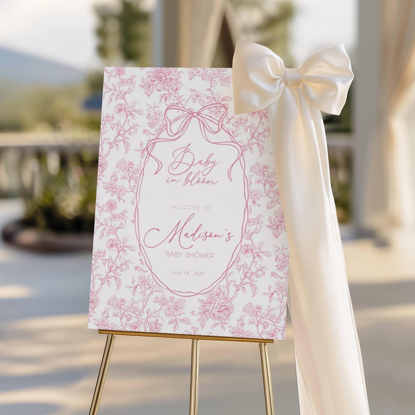 Pink Baby in Bloom Welcome Sign Template Blush Pink Toile Floral Baby Shower Sign Pink Bow Baby Girl Shower Decor Baby in Bloom Poster DIY - LAUMIANstudio