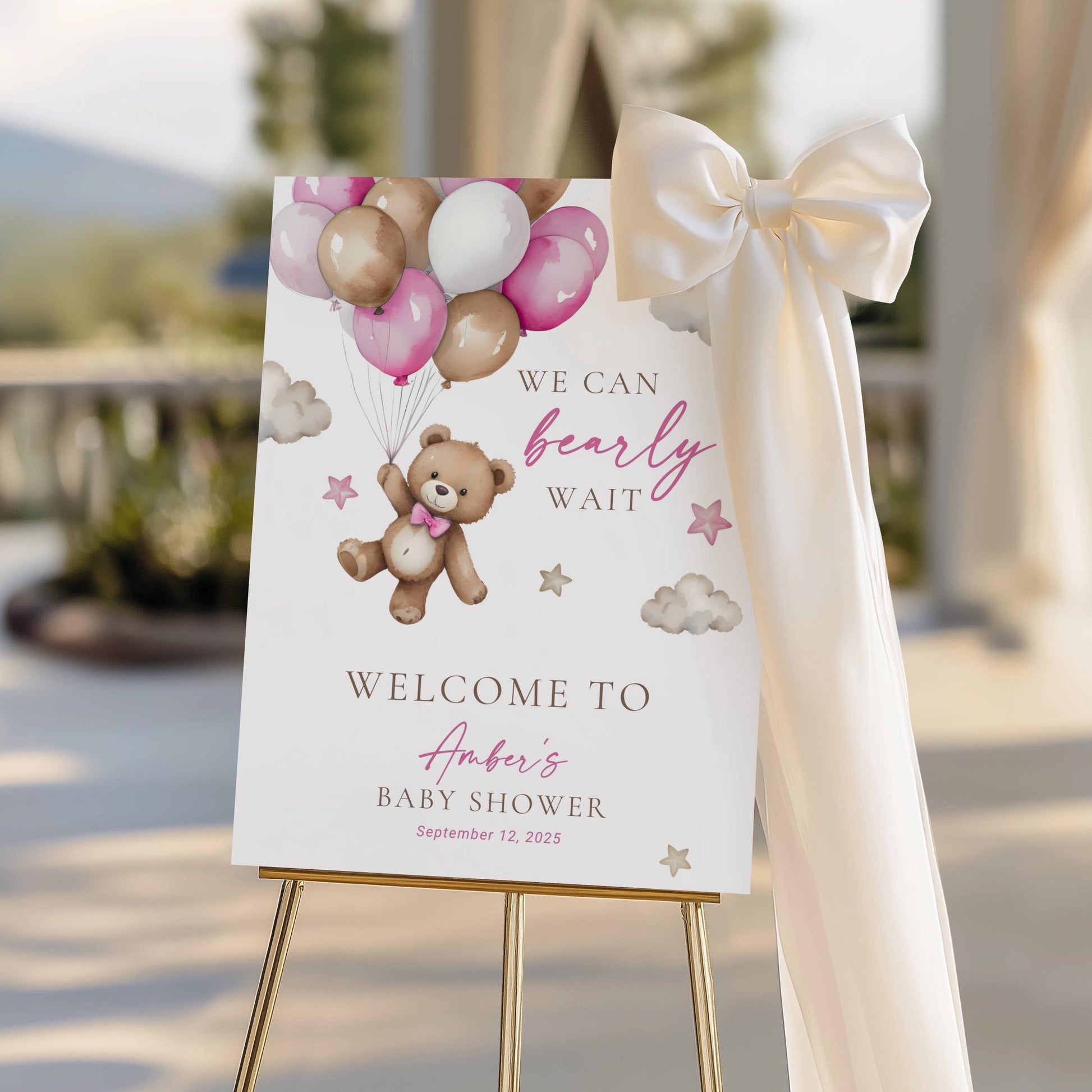 Editable Bear Balloon Baby Shower Welcome Sign Pink We Can Bearly Wait Shower Poster Boho Baby Girl Shower Decor Pink Teddy Bear Board - LAUMIANstudio