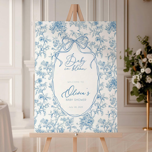 Baby in Bloom Welcome Sign Blue Floral Welcome Sign Template 18x24 Shower Welcome Sign Dusty Blue Shower Sign Garden Shower Welcome Board - LAUMIANstudio