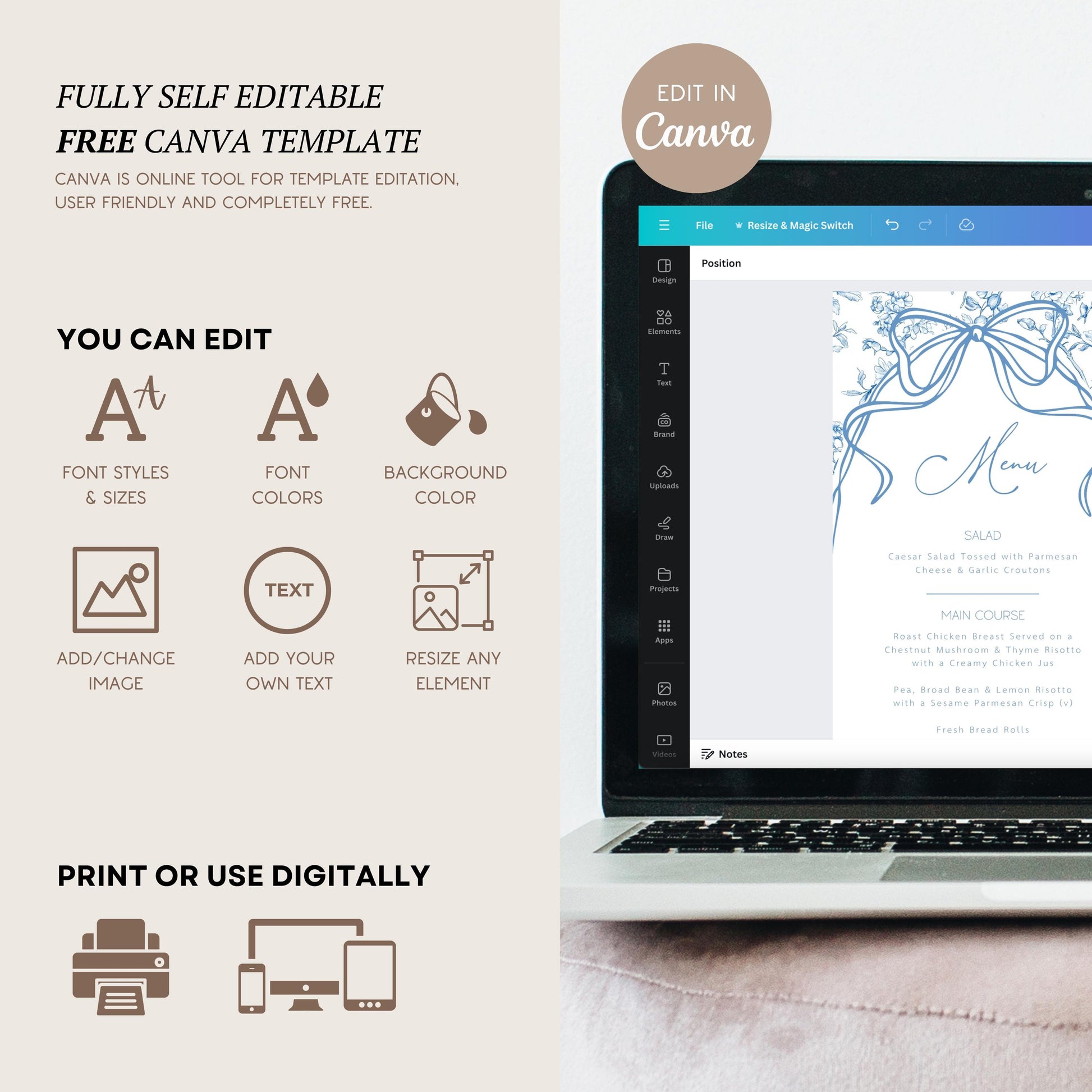 Baby in Bloom Menu Template Dusty Blue Toile Lunch Menu Blue Bow Brunch Menu Card Editable Template Floral Menu Template Baby Boy Shower - LAUMIANstudio