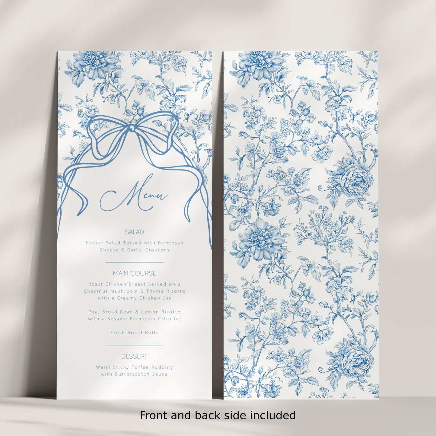 Baby in Bloom Menu Template Dusty Blue Toile Lunch Menu Blue Bow Brunch Menu Card Editable Template Floral Menu Template Baby Boy Shower - LAUMIANstudio