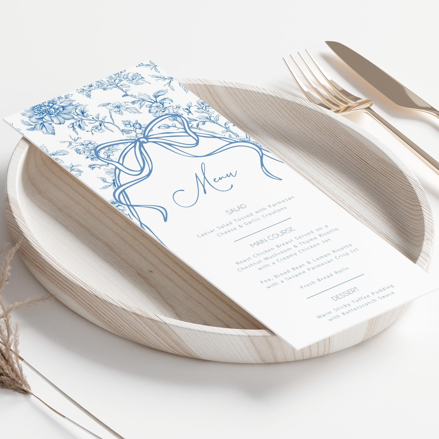 Baby in Bloom Menu Template Dusty Blue Toile Lunch Menu Blue Bow Brunch Menu Card Editable Template Floral Menu Template Baby Boy Shower - LAUMIANstudio