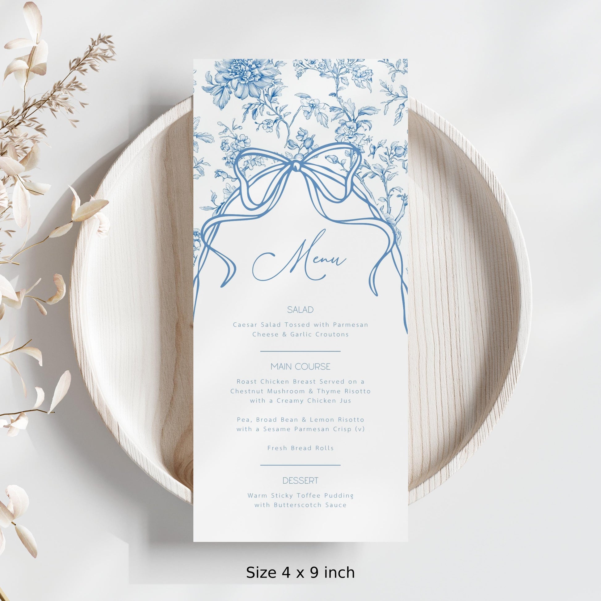 Baby in Bloom Menu Template Dusty Blue Toile Lunch Menu Blue Bow Brunch Menu Card Editable Template Floral Menu Template Baby Boy Shower - LAUMIANstudio