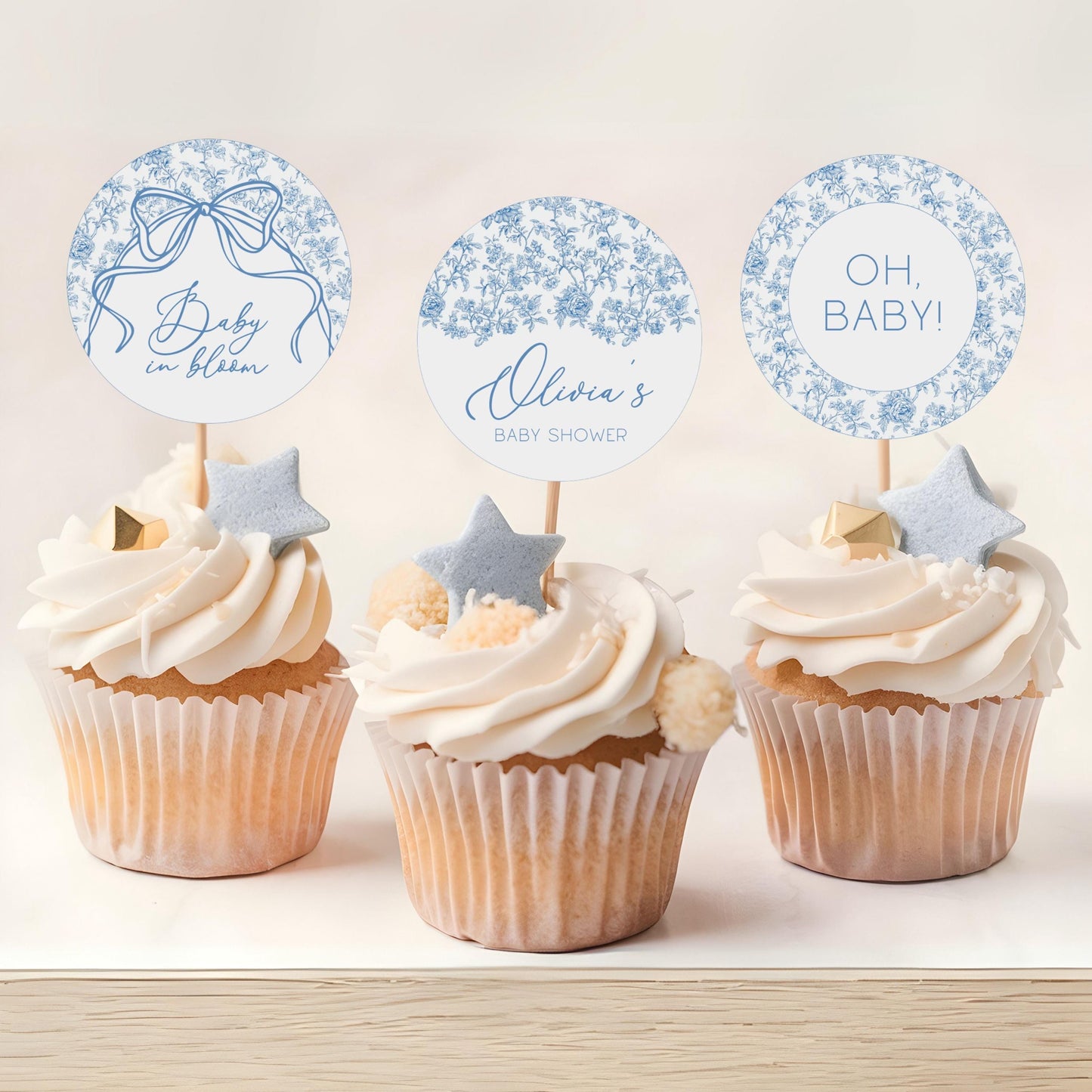 Elegant Blue Floral Cupcake Topper Dusty Blue Cake Decor Oh Boy Circle Editable Template Oh Boy Decor Elegant Toile Flower Dessert Topper - LAUMIANstudio
