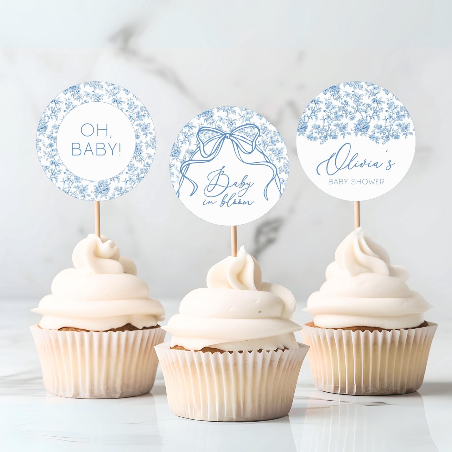 Elegant Blue Floral Cupcake Topper Dusty Blue Cake Decor Oh Boy Circle Editable Template Oh Boy Decor Elegant Toile Flower Dessert Topper - LAUMIANstudio