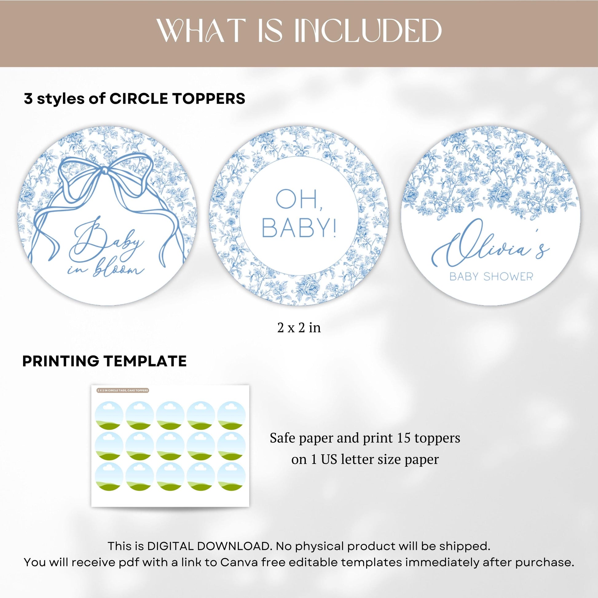 Elegant Blue Floral Cupcake Topper Dusty Blue Cake Decor Oh Boy Circle Editable Template Oh Boy Decor Elegant Toile Flower Dessert Topper - LAUMIANstudio