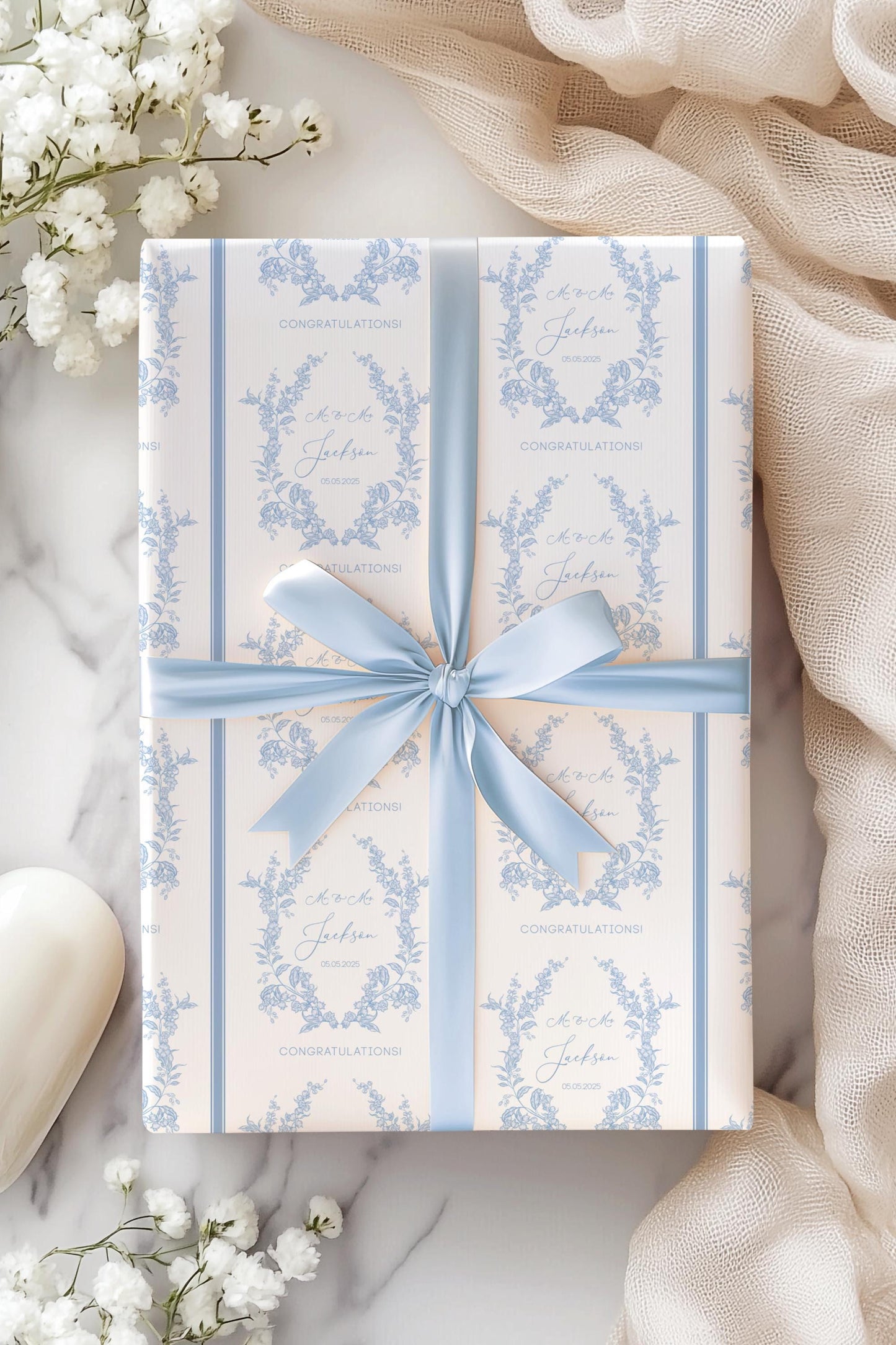 Blue Wedding Wrapping Paper Monogram Floral Wedding Gift Wrap Personalized Bride Groom Name Gift Wrap Blue Toile Wedding Wrap Paper - LAUMIANstudio