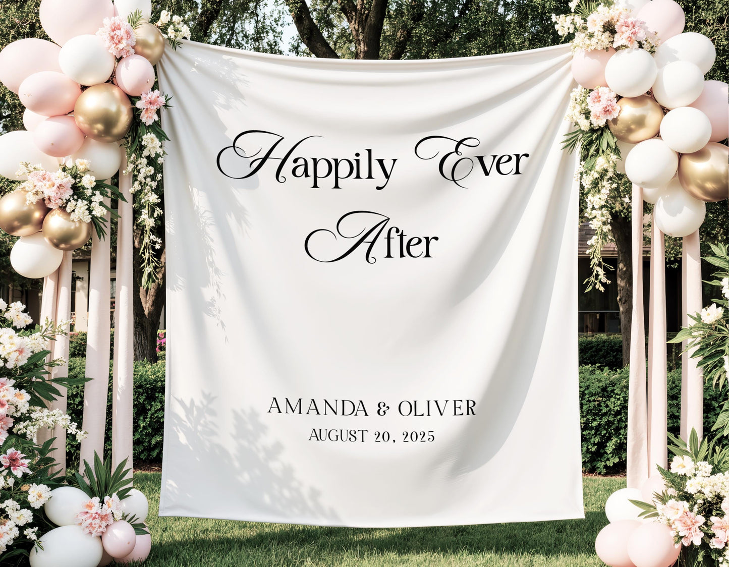 Happily Ever After Backdrop Custom Wedding Date Fabric Banner Garden Wedding Decoration Mr Mrs Name Wall Tapestry Happily Ever After Sign - LAUMIANstudio