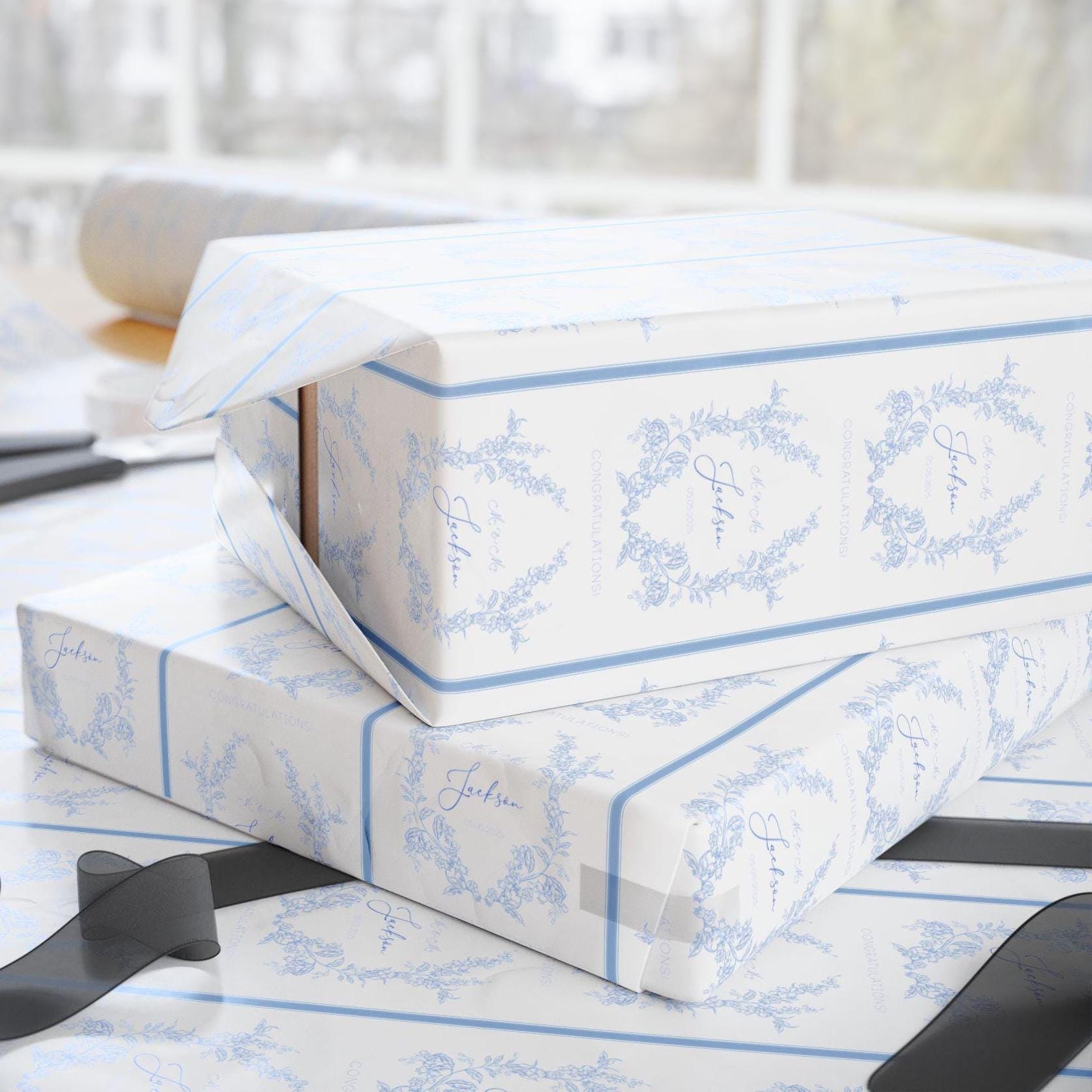 Blue Wedding Wrapping Paper Monogram Floral Wedding Gift Wrap Personalized Bride Groom Name Gift Wrap Blue Toile Wedding Wrap Paper - LAUMIANstudio
