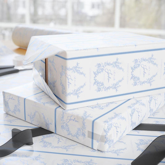 Blue Wedding Wrapping Paper Monogram Floral Wedding Gift Wrap Personalized Bride Groom Name Gift Wrap Blue Toile Wedding Wrap Paper - LAUMIANstudio