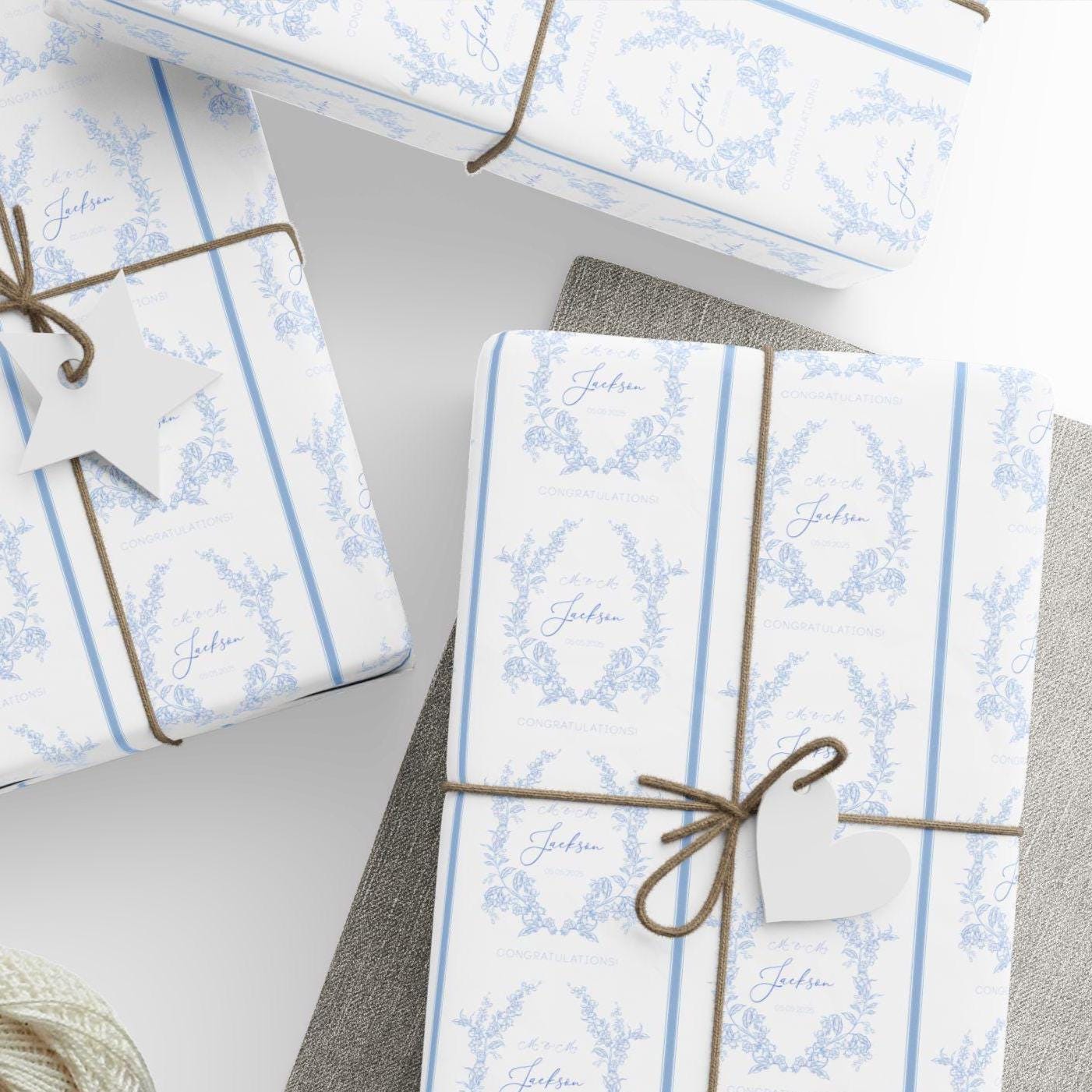 Blue Wedding Wrapping Paper Monogram Floral Wedding Gift Wrap Personalized Bride Groom Name Gift Wrap Blue Toile Wedding Wrap Paper - LAUMIANstudio