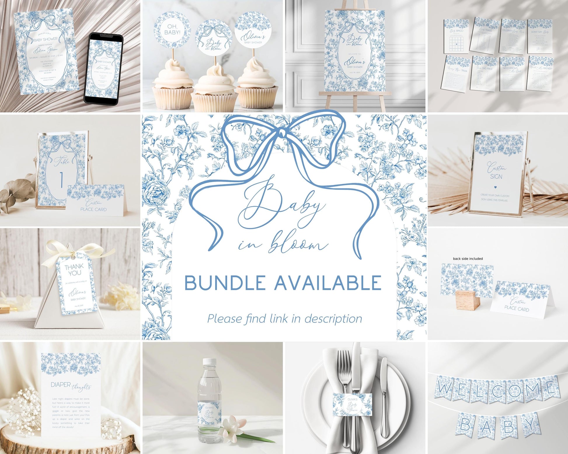 Baby in Bloom Menu Template Dusty Blue Toile Lunch Menu Blue Bow Brunch Menu Card Editable Template Floral Menu Template Baby Boy Shower - LAUMIANstudio