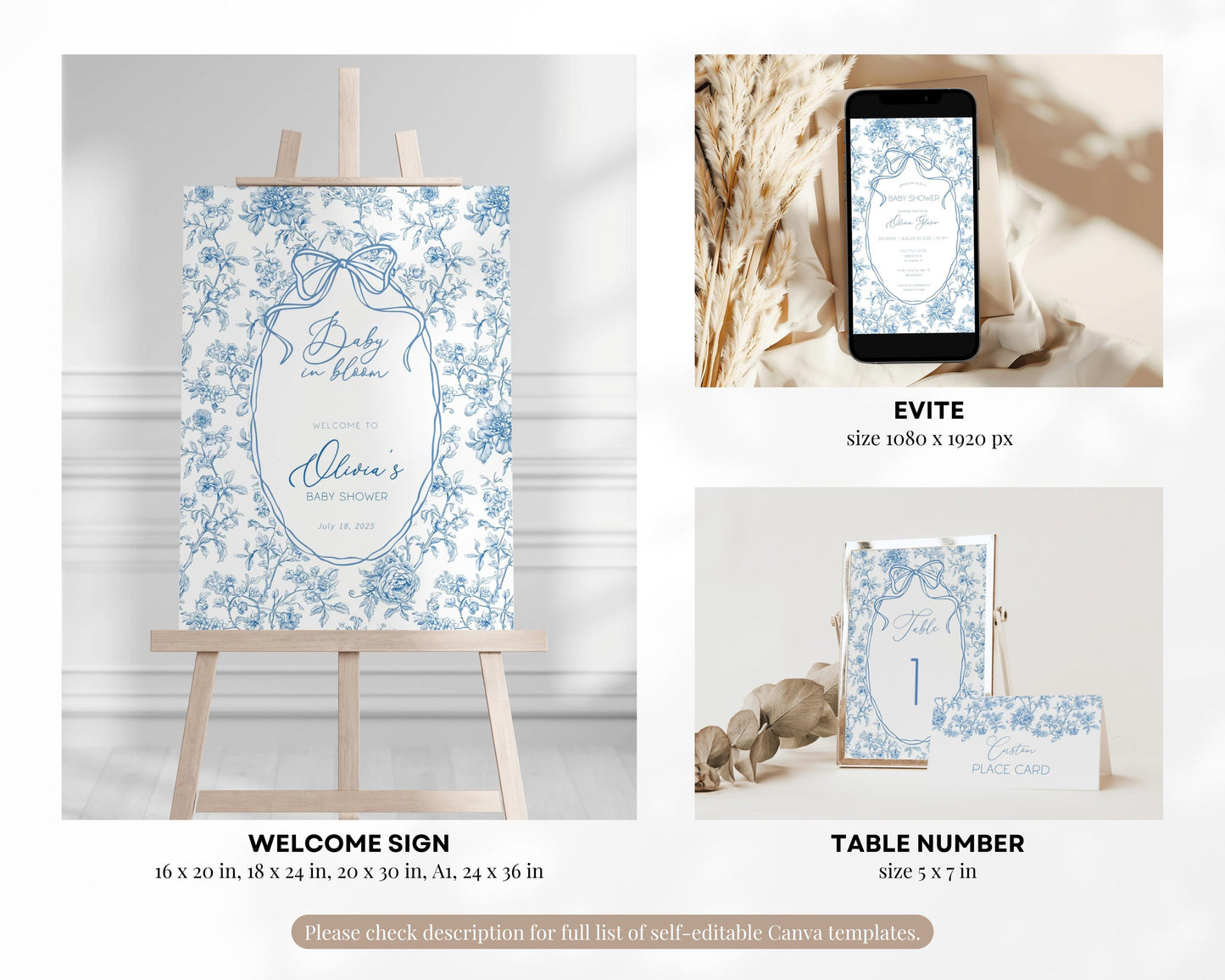 Baby Boy in Bloom Shower Editable Set Dusty Blue Flower Baby Shower Bundle Chinoiserie Floral Shower Bundle Canva Template Elegant Bow Print - LAUMIANstudio