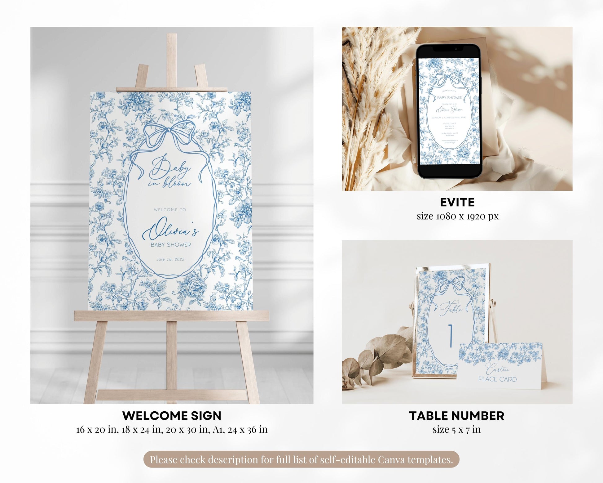 Baby Boy in Bloom Shower Editable Set Dusty Blue Flower Baby Shower Bundle Chinoiserie Floral Shower Bundle Canva Template Elegant Bow Print - LAUMIANstudio