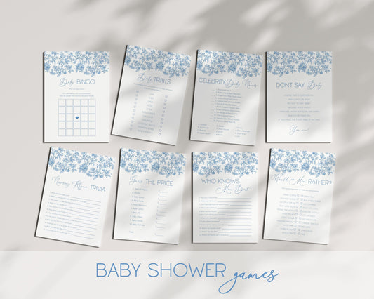 Baby Boy Shower Game Bundle Dusty Blue Bow Baby Sprinkle Game Set Editable Canva Template Summer Floral Shower Party Game Flower Theme Games - LAUMIANstudio