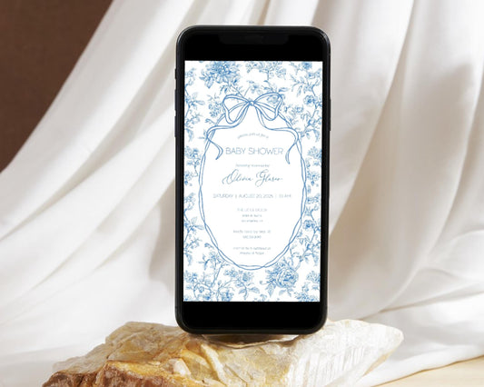 Blue Bow Mobile Invitation Template Baby Boy Shower Digital Invite Blue Floral Toile Evite Elegant Minimalist Invite Baby in Bloom Evite - LAUMIANstudio