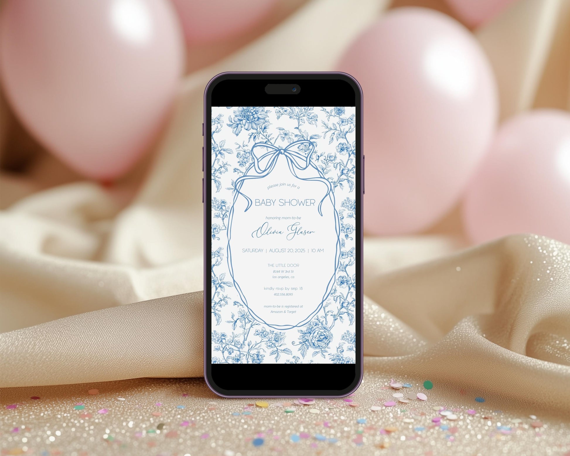 Blue Bow Mobile Invitation Template Baby Boy Shower Digital Invite Blue Floral Toile Evite Elegant Minimalist Invite Baby in Bloom Evite - LAUMIANstudio