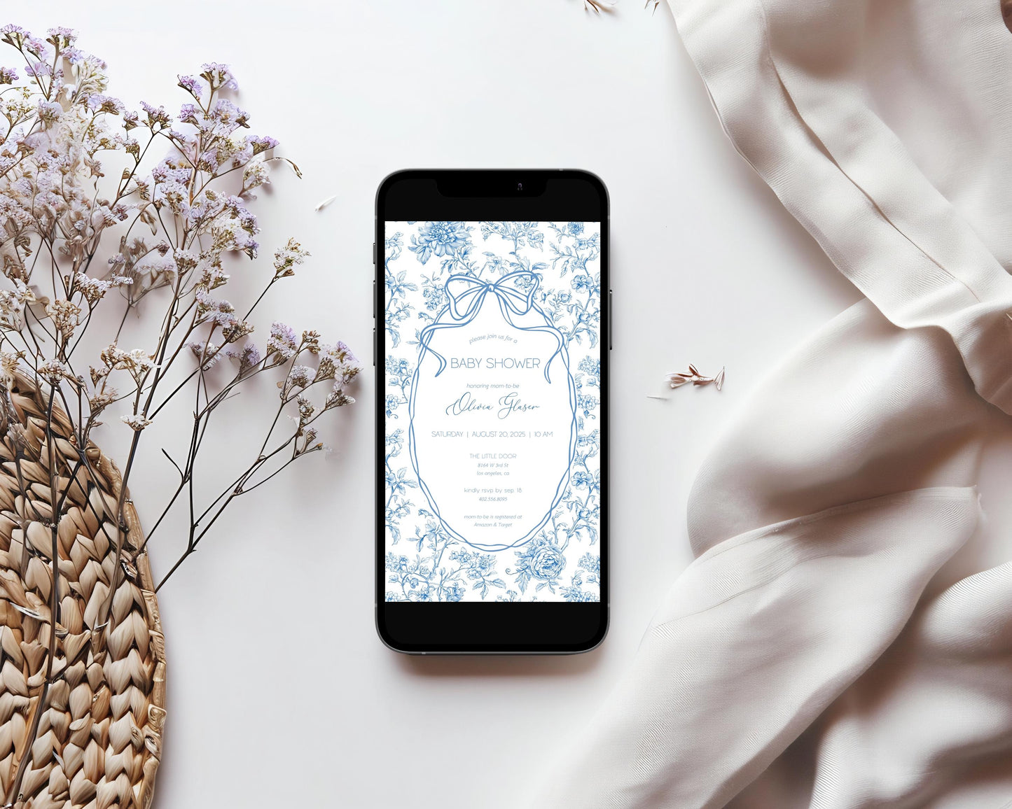 Blue Bow Mobile Invitation Template Baby Boy Shower Digital Invite Blue Floral Toile Evite Elegant Minimalist Invite Baby in Bloom Evite - LAUMIANstudio