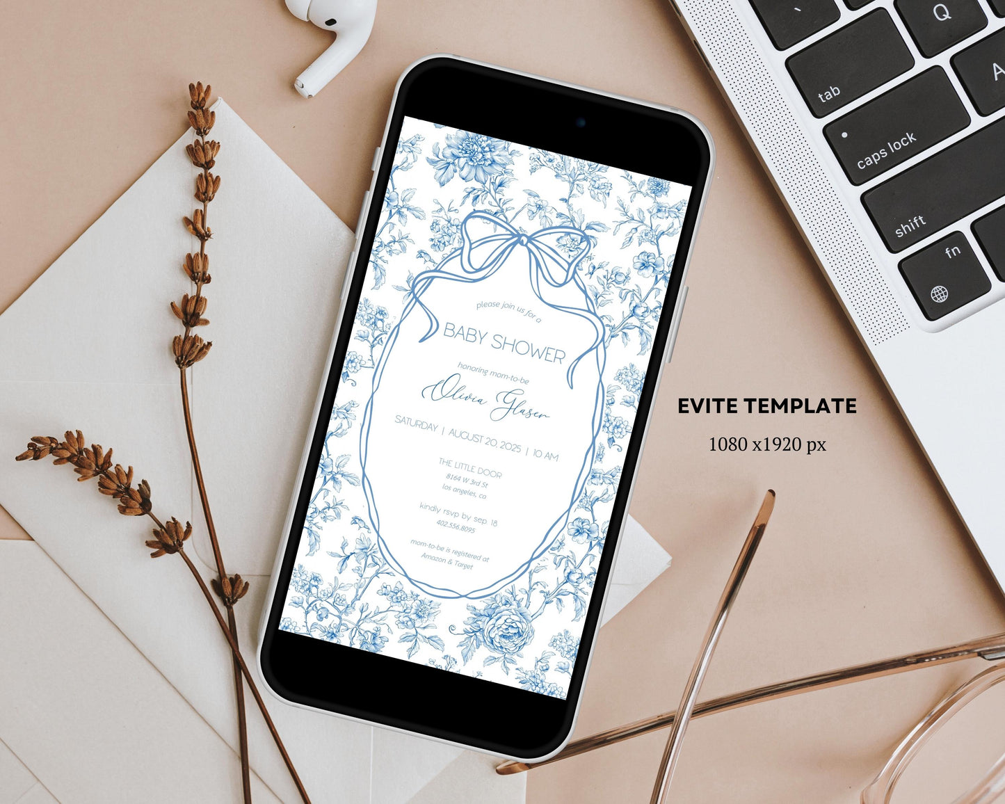 Blue Bow Mobile Invitation Template Baby Boy Shower Digital Invite Blue Floral Toile Evite Elegant Minimalist Invite Baby in Bloom Evite - LAUMIANstudio