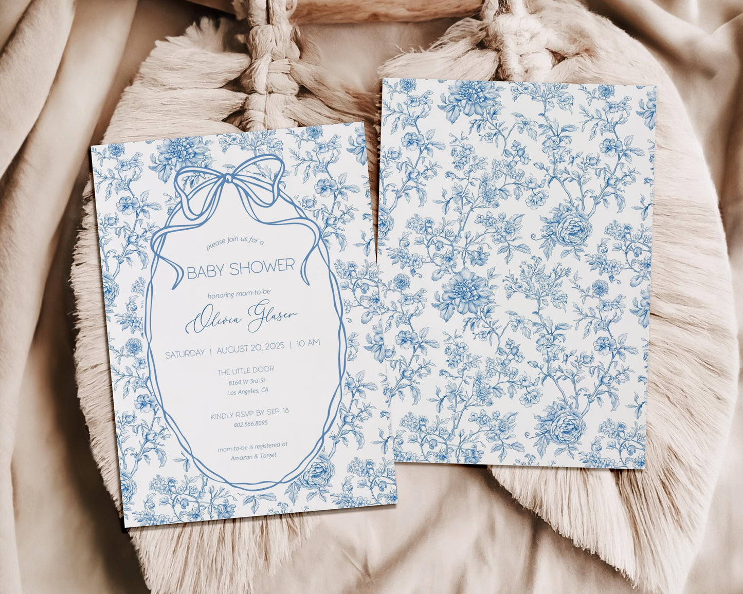 Blue Baby Boy Shower Sprinkle Invitation Blue Bow Invite Card Books for Baby Enclosure Card Diaper Raffle Card Floral Invite Template Canva - LAUMIANstudio