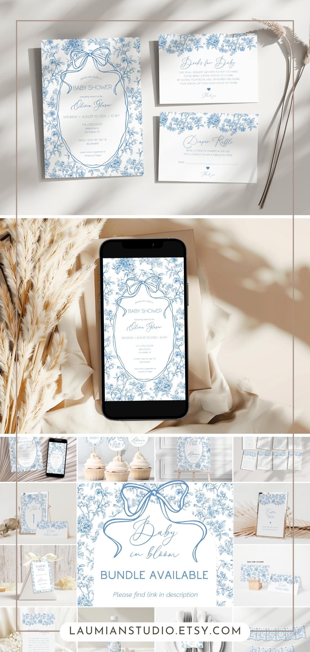 Blue Floral Invitation Template Dusty Blue Baby Boy Shower Evite Luxury Dior Style Digital Invite Blue Toile Bow Invitation Canva Template - LAUMIANstudio