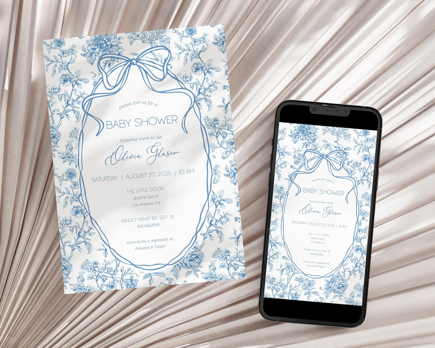Blue Floral Invitation Template Dusty Blue Baby Boy Shower Evite Luxury Dior Style Digital Invite Blue Toile Bow Invitation Canva Template - LAUMIANstudio