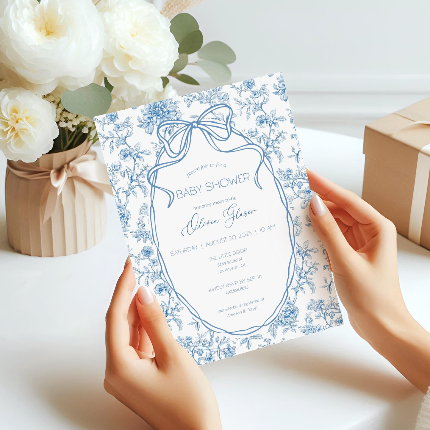 Blue Floral Invitation Template Dusty Blue Baby Boy Shower Evite Luxury Dior Style Digital Invite Blue Toile Bow Invitation Canva Template - LAUMIANstudio