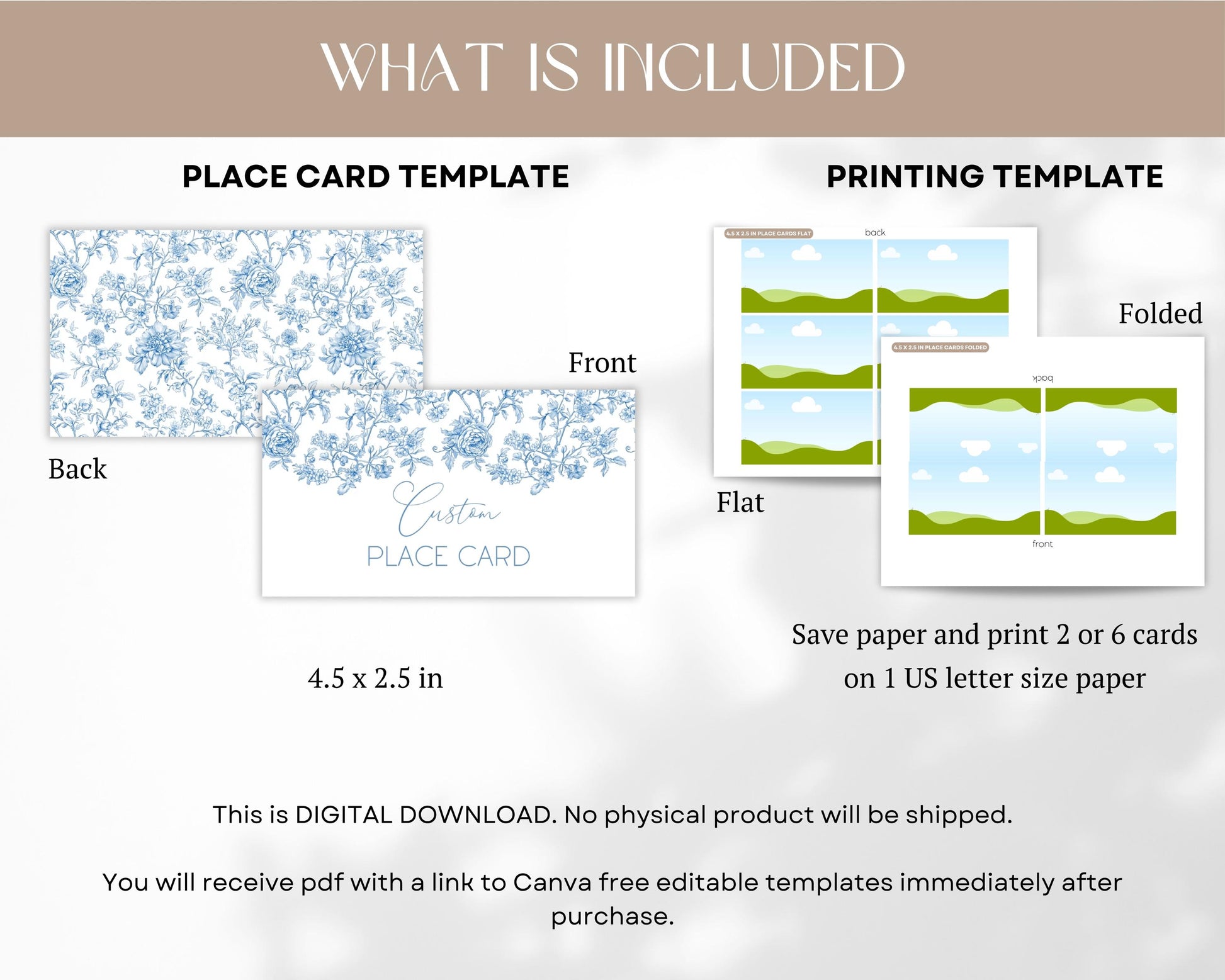 Blue Bow Place Card Blue Baby Sprinkle Meal Card Template Floral Baby Shower Name Card Elegant Toile de Jouy Table Card Printable Template - LAUMIANstudio