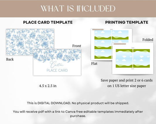 Blue Bow Place Card Blue Baby Sprinkle Meal Card Template Floral Baby Shower Name Card Elegant Toile de Jouy Table Card Printable Template - LAUMIANstudio