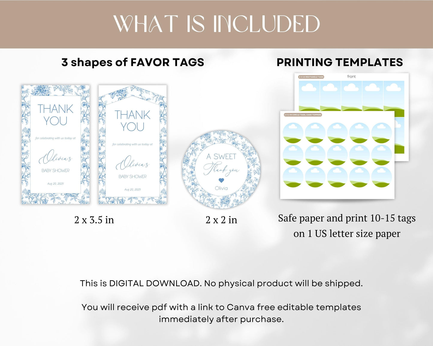 Blue Toile Floral Favor Tag Dusty Baby Sprinkle Circle Favor Tag Editable Template Rectangle Chinoiserie Favor Tag Printable Party Gift Tag - LAUMIANstudio