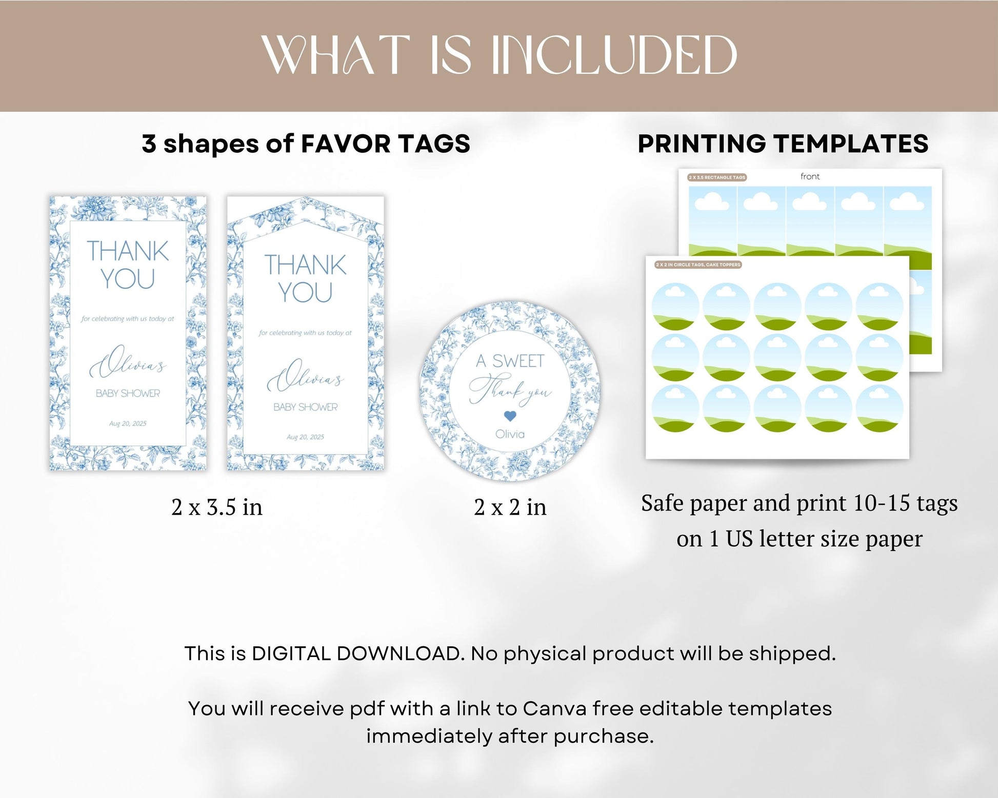 Blue Toile Floral Favor Tag Dusty Baby Sprinkle Circle Favor Tag Editable Template Rectangle Chinoiserie Favor Tag Printable Party Gift Tag - LAUMIANstudio