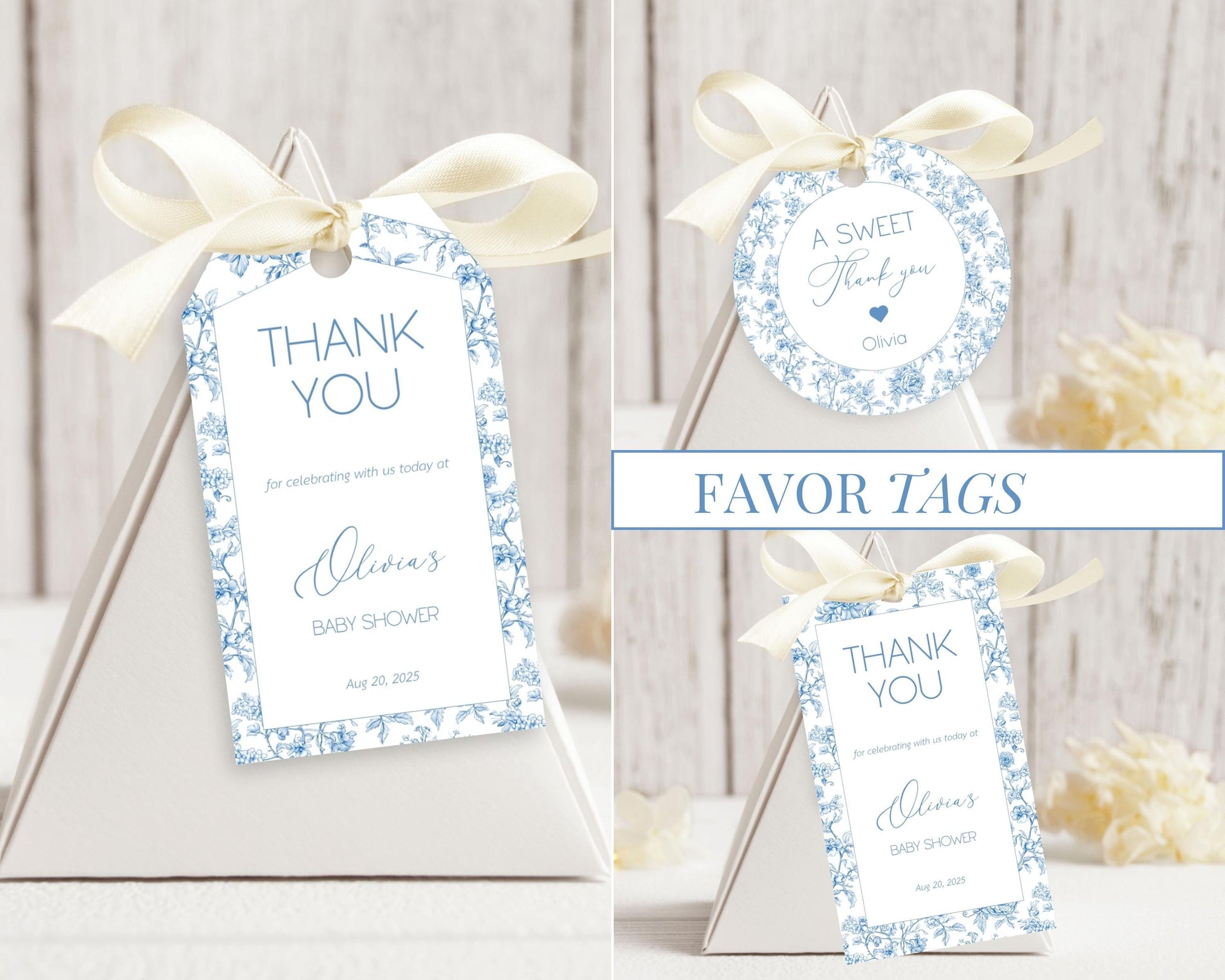 Blue Toile Floral Favor Tag Dusty Baby Sprinkle Circle Favor Tag Editable Template Rectangle Chinoiserie Favor Tag Printable Party Gift Tag - LAUMIANstudio