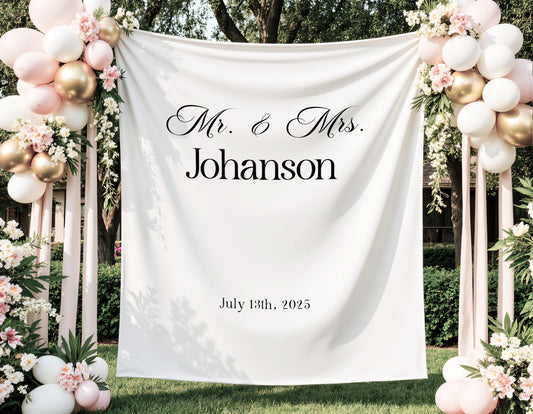 Custom Wedding Banner Mr Mrs Bridal Shower Backdrop Personalized Fabric Wedding Backdrop Just Married Welcome Sign Elegant Wedding Decor - LAUMIANstudio