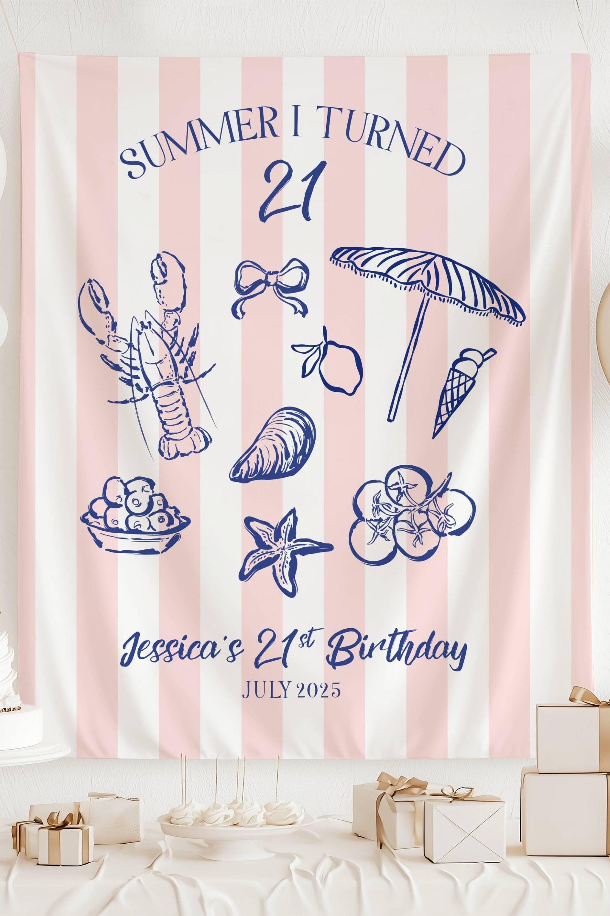 21st Birthday Patry Decor Summer I Turned 21 Banner Personalized Twenty First Birthday Welcome Sign Summer Coastal Birthday Photo Backdrop - LAUMIANstudio