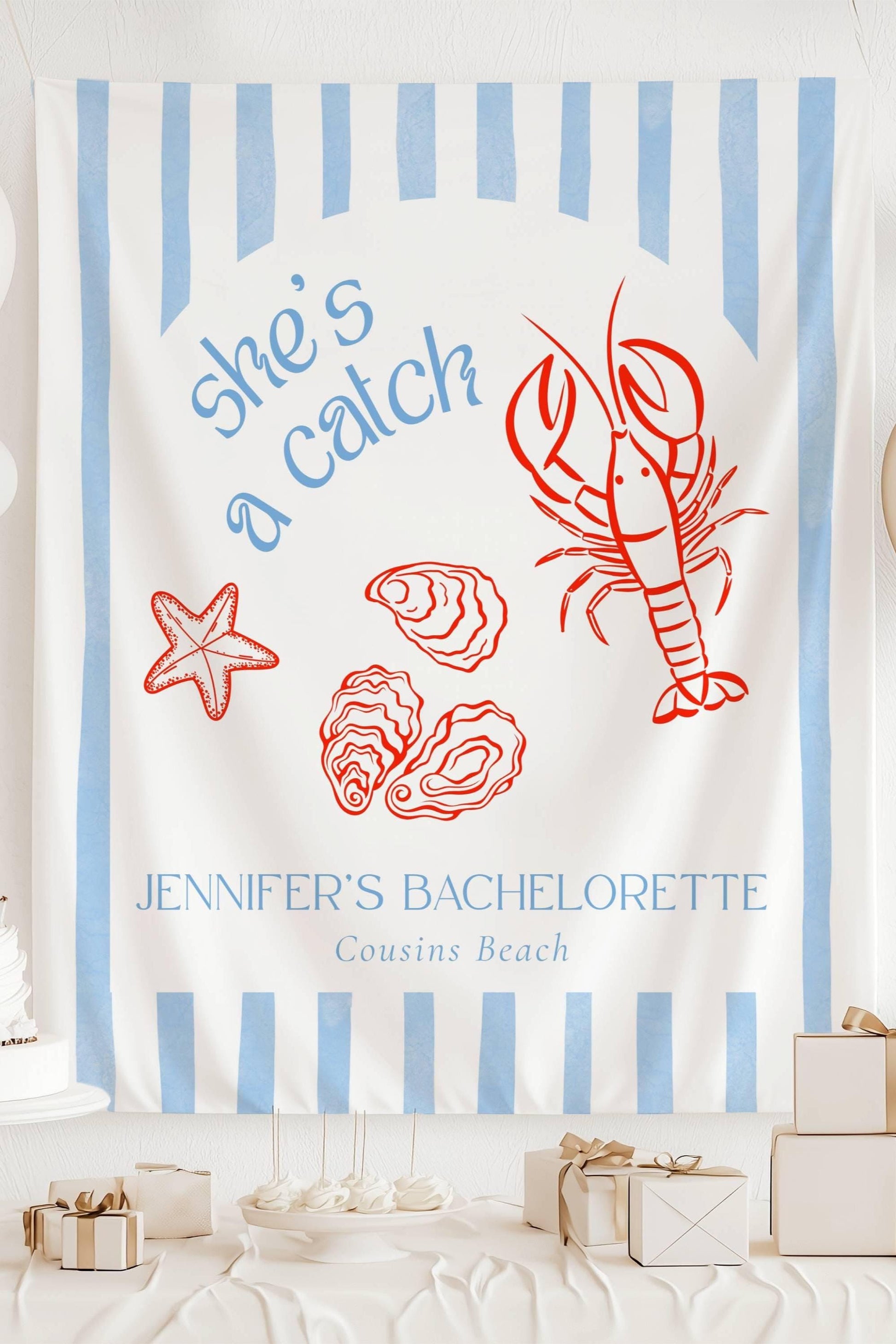 She's a Catch Bachelorette Banner Personalized Lobster Bridal Shower Backdrop Fabric Banner She is a Catch Party Coastal Bachelorette Banner - LAUMIANstudio