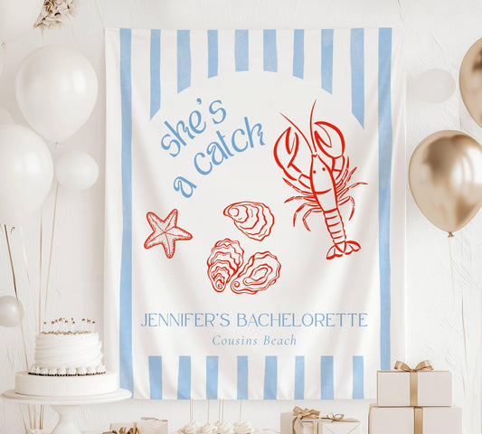 She's a Catch Bachelorette Banner Personalized Lobster Bridal Shower Backdrop Fabric Banner She is a Catch Party Coastal Bachelorette Banner - LAUMIANstudio