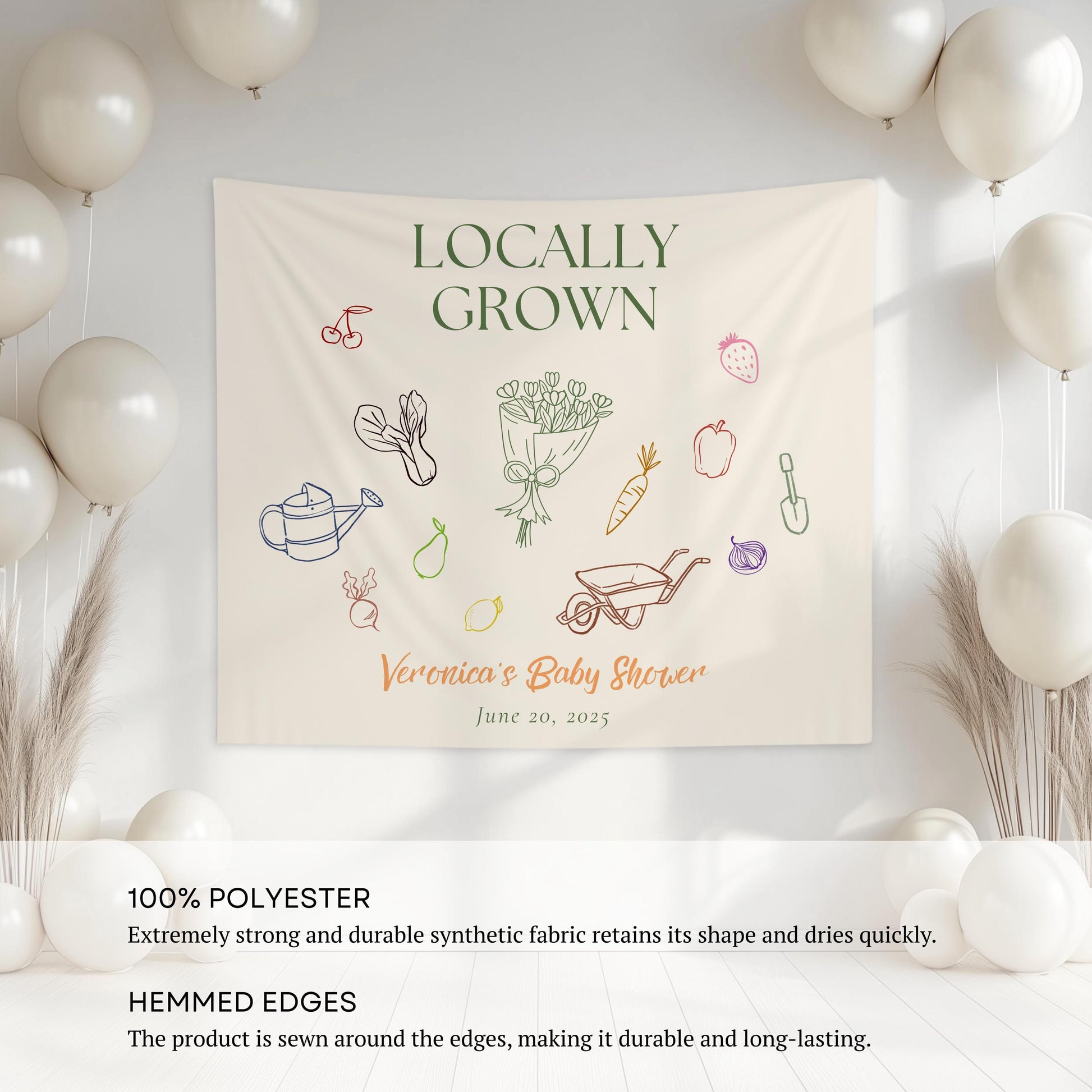 Personalized Locally Grown Shower Backdrop Flower Market Shower Banner Minimalist Baby Shower Tapestry Organic Baby Shower Sign Line Art - LAUMIANstudio