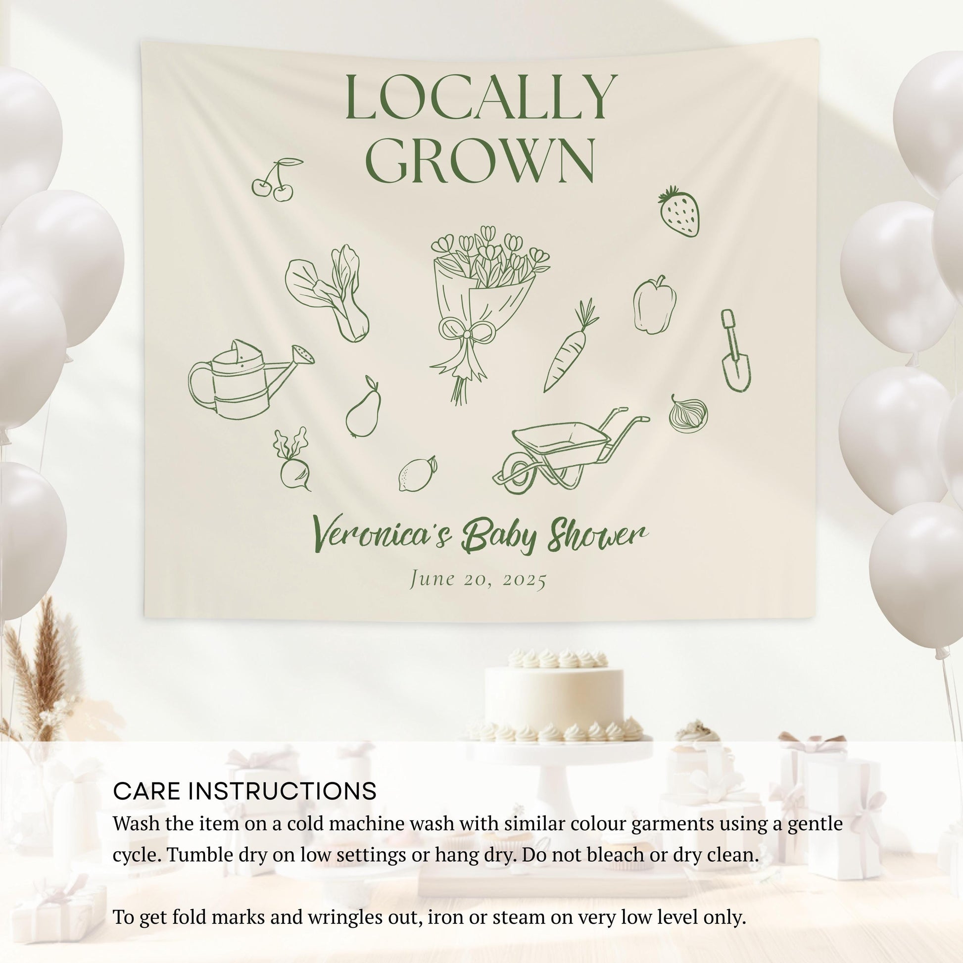 Personalized Locally Grown Shower Backdrop Flower Market Shower Banner Minimalist Baby Shower Tapestry Organic Baby Shower Sign Line Art - LAUMIANstudio