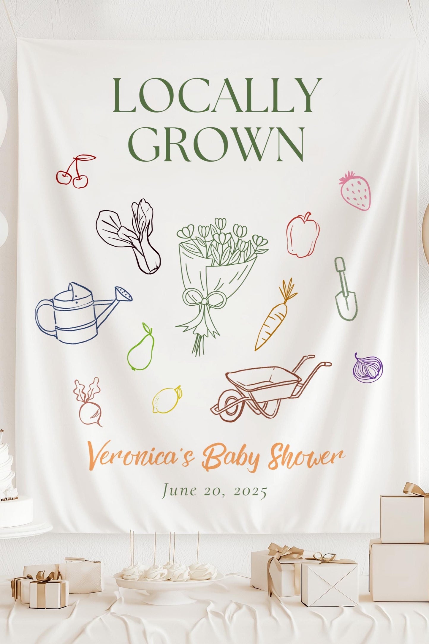 Personalized Locally Grown Shower Backdrop Flower Market Shower Banner Minimalist Baby Shower Tapestry Organic Baby Shower Sign Line Art - LAUMIANstudio