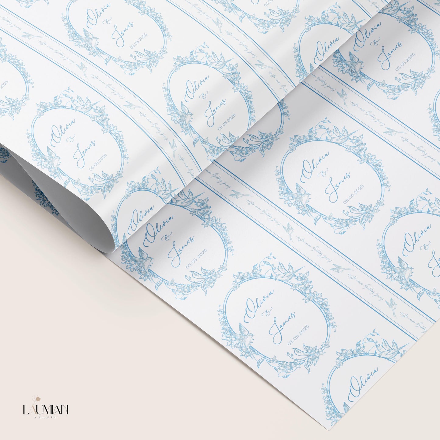 Elegant Personalized Wedding Paper Luxury Floral Wrapping Paper Blue Chinoiserie Wedding Wrap Custom Monogram Gift Wrap Something Blue Paper - LAUMIANstudio