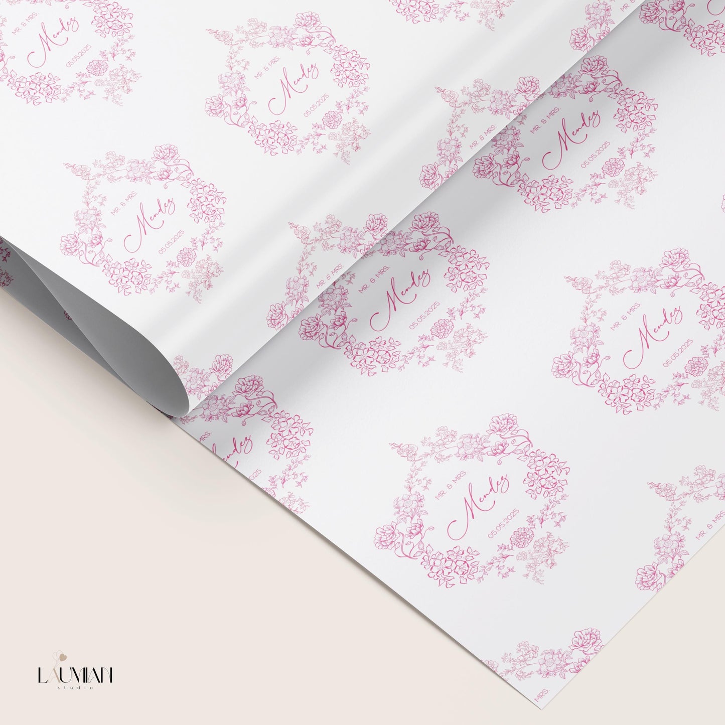 Pink Wedding Wrapping Paper Personalized Bride Groom Name Gift Wrapping Soft Pink Wedding Wrap Personalized Couple Name Emblem - LAUMIANstudio