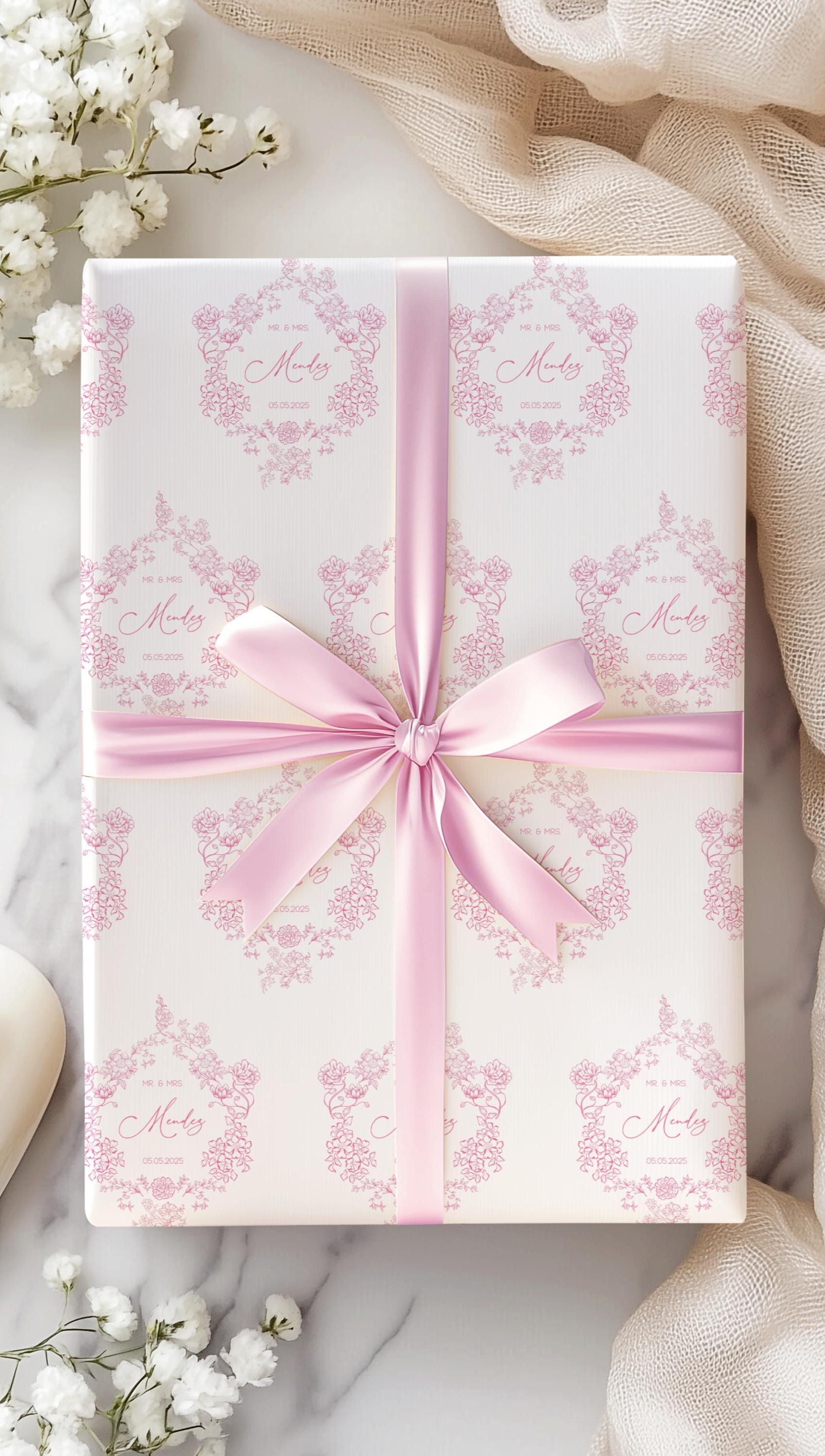 Pink Wedding Wrapping Paper Personalized Bride Groom Name Gift Wrapping Soft Pink Wedding Wrap Personalized Couple Name Emblem - LAUMIANstudio