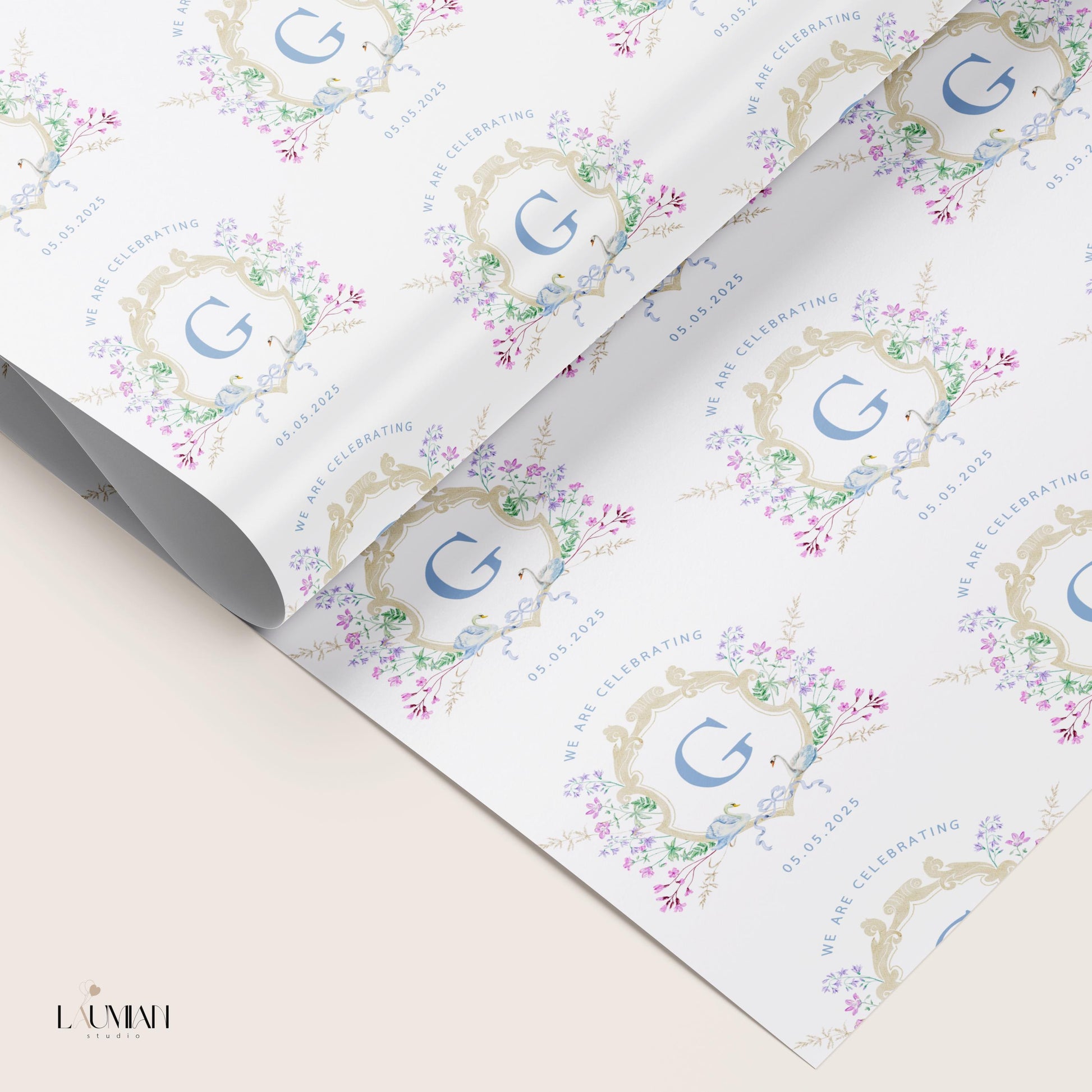 Elegant Wedding Gift Wrap Custom Bride Groom Name Wrapping Paper Personalized Floral Engagement Gift Packaging Emblem Wrapping Paper Roll - LAUMIANstudio