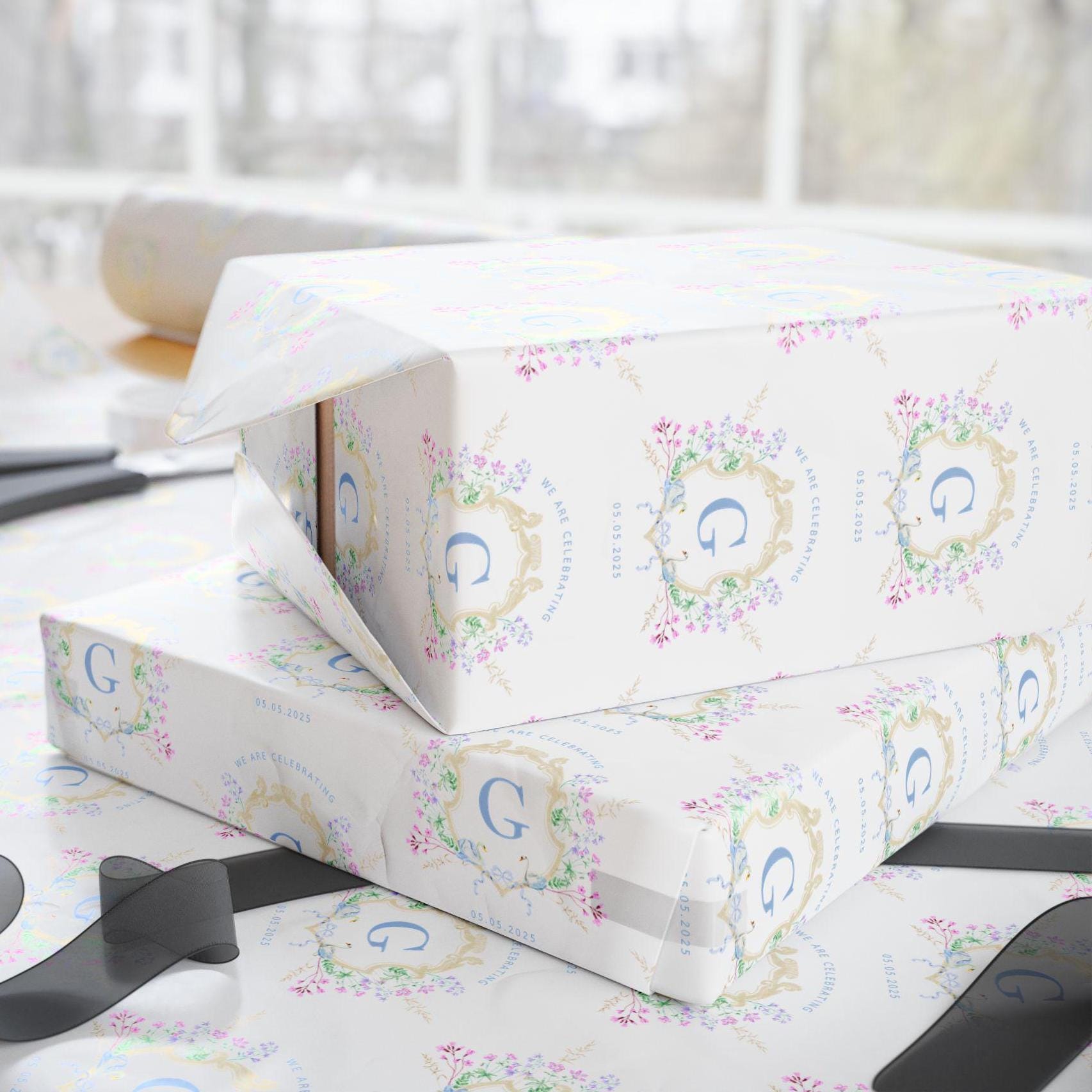 Elegant Wedding Gift Wrap Custom Bride Groom Name Wrapping Paper Personalized Floral Engagement Gift Packaging Emblem Wrapping Paper Roll - LAUMIANstudio
