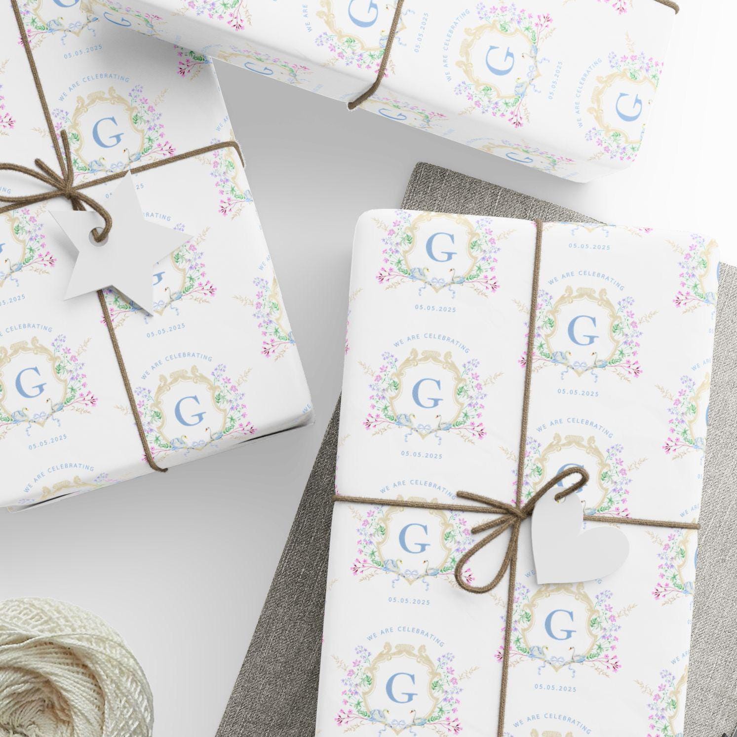 Elegant Wedding Gift Wrap Custom Bride Groom Name Wrapping Paper Personalized Floral Engagement Gift Packaging Emblem Wrapping Paper Roll - LAUMIANstudio