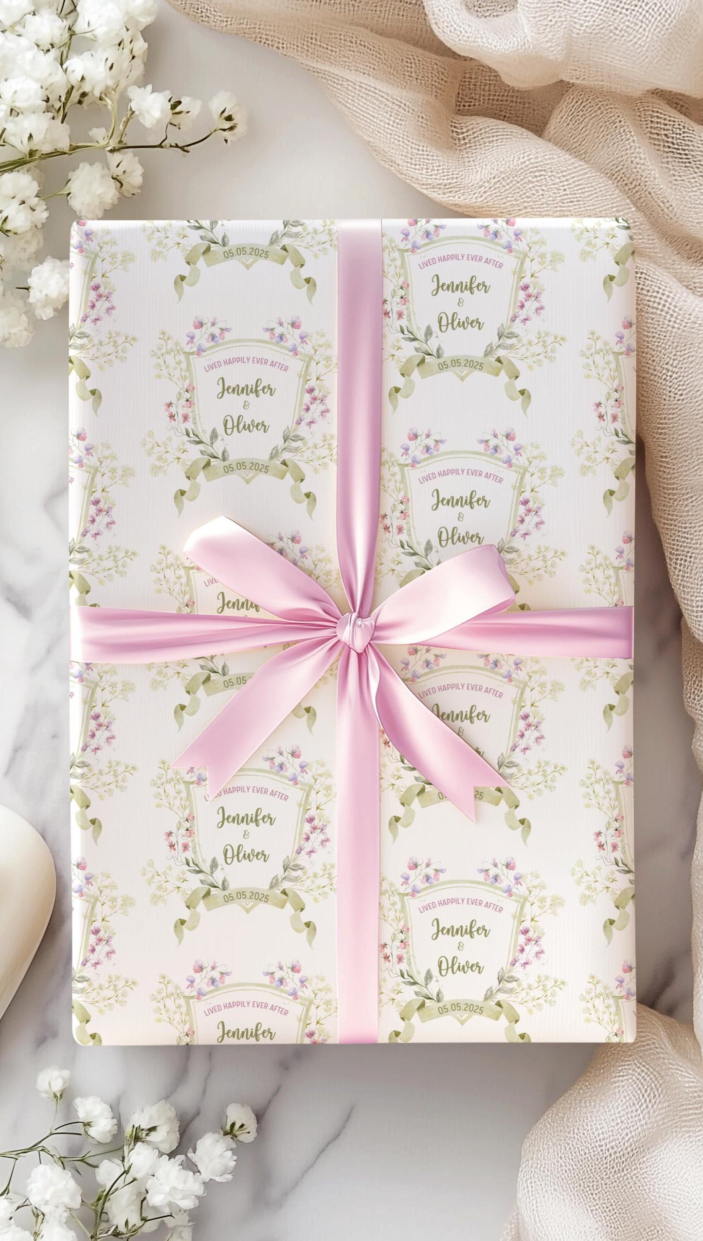 Personalised Weeding Wrapping Paper Custom Name Mr and Mrs Gift Wrap Roll Matte Wedding Wrapping Paper Elegant Floral Engagement Gift Paper - LAUMIANstudio