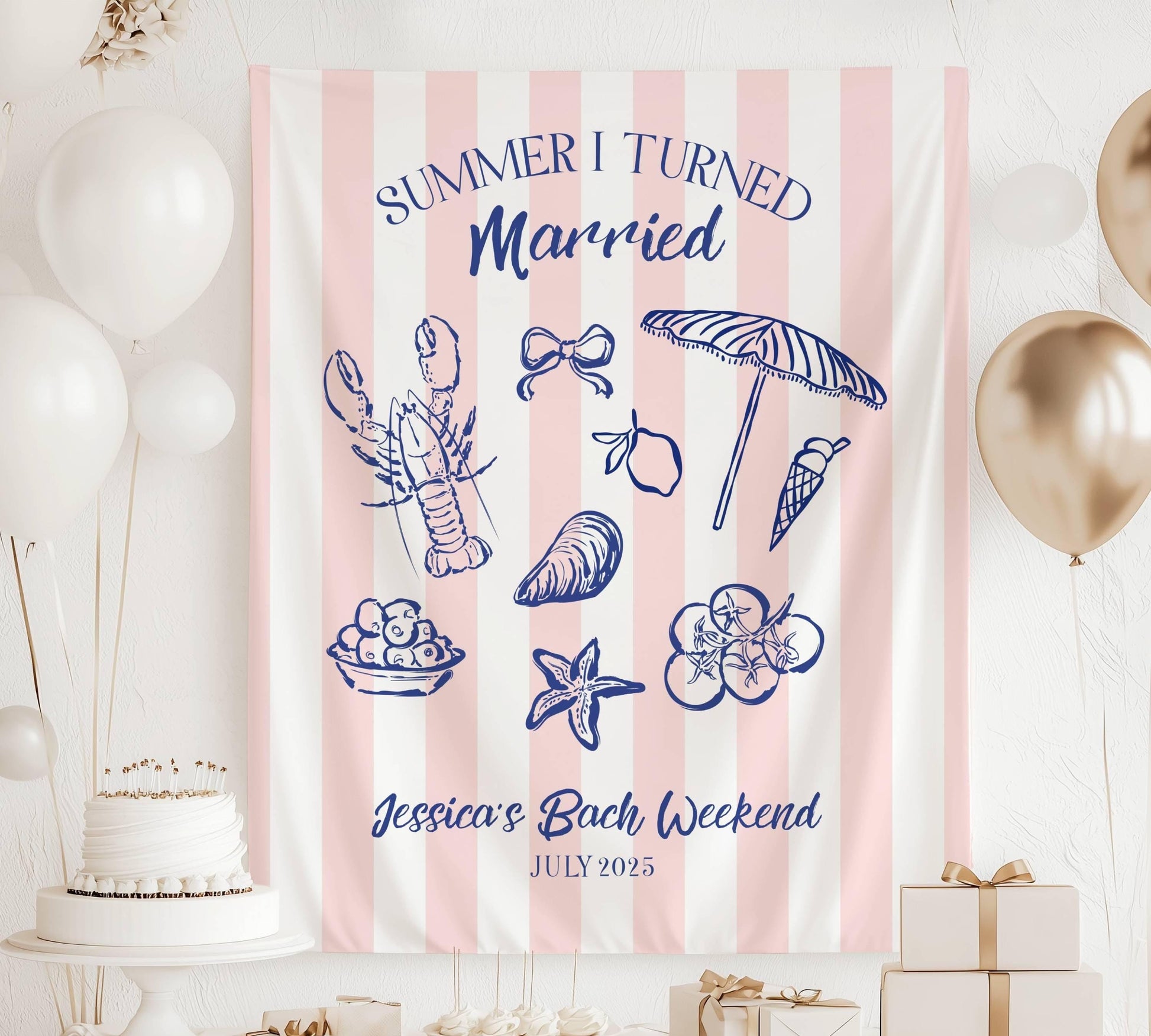 Summer I Turned Married Backdrop Custom Summer Wedding Photo Banner Coastal Bridal Shower Sign Beach Bachelorette Decor Lobster Seashell - LAUMIANstudio