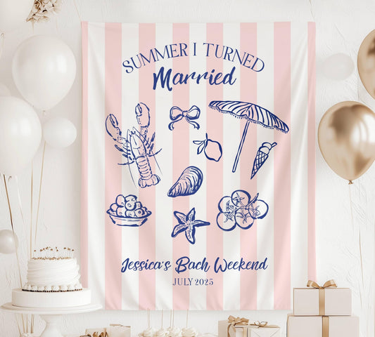 Summer I Turned Married Backdrop Custom Summer Wedding Photo Banner Coastal Bridal Shower Sign Beach Bachelorette Decor Lobster Seashell - LAUMIANstudio