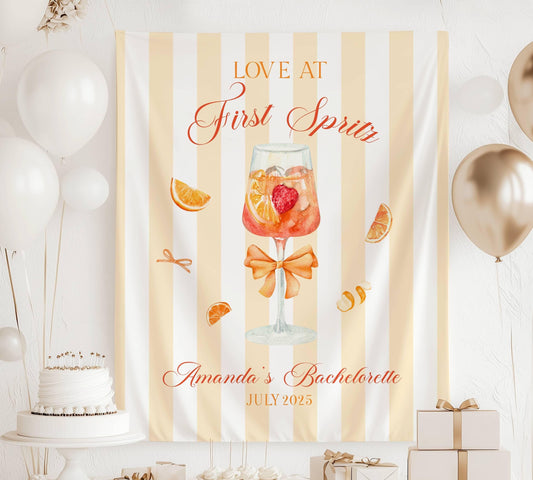 Love at First Spritz Banner Custom Aperol Spritz Bachelorette Sign Orange Spritz Bridal Shower Backdrop Cocktail Party Decor Summer Wedding - LAUMIANstudio